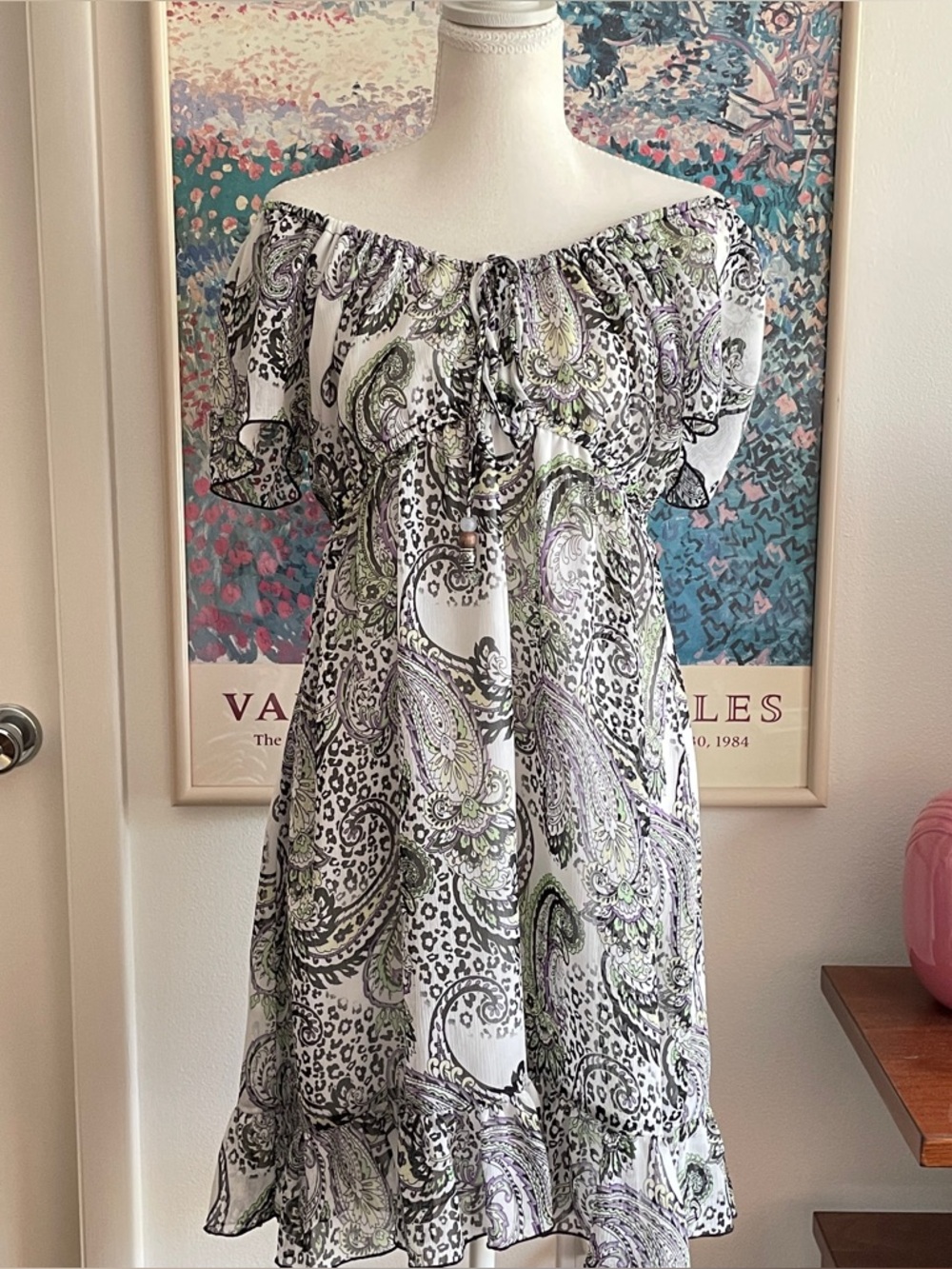 Vintage Y2K Paisley Off The Shoulder Mini Dress XL Prairie Fairy Boho Cottage
